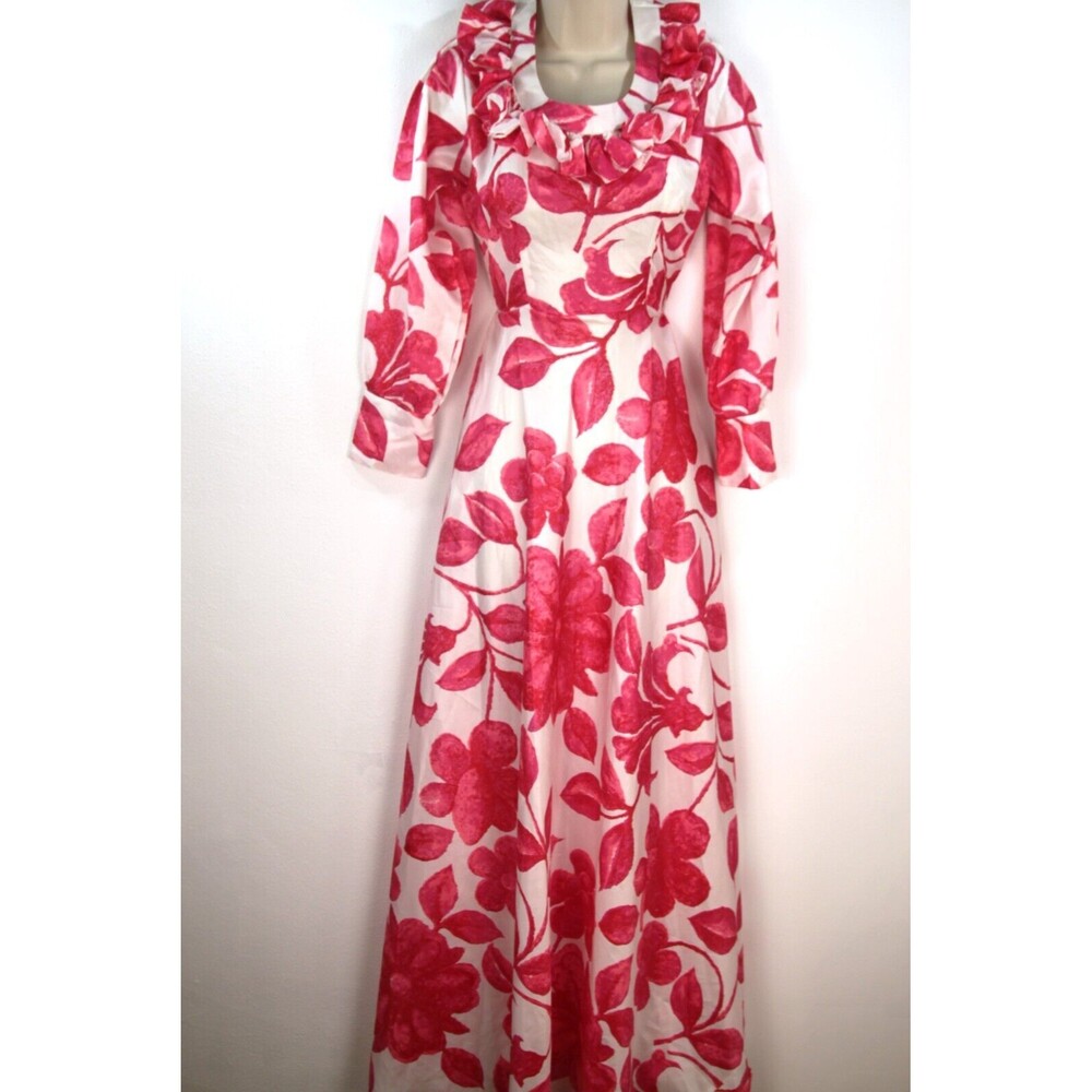 Vintage Handmade Floral Ruffle Maxi Dress Long Sleeve Pink White Fusia Small